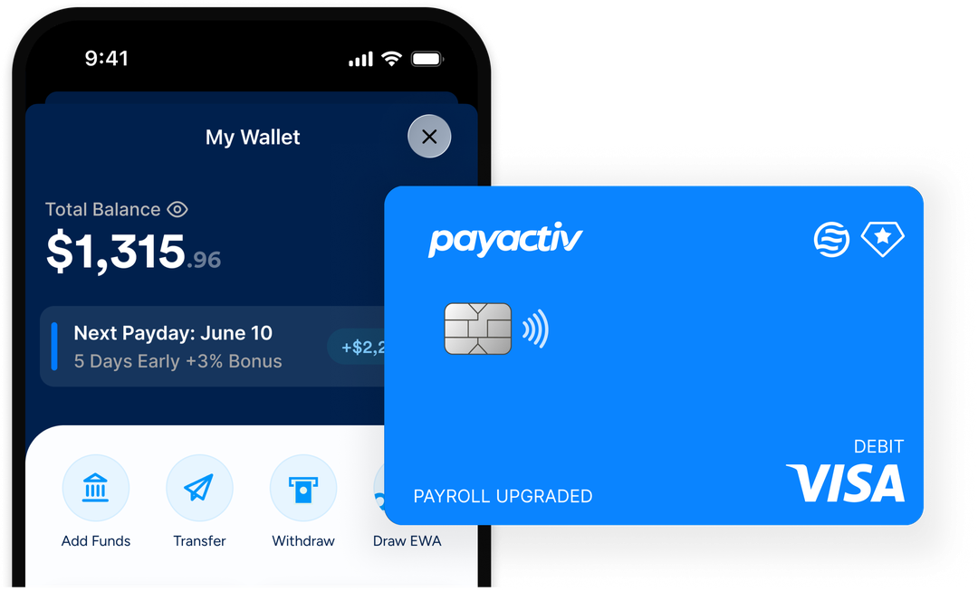 Payactiv wallet app with the Payactiv Visa debit card