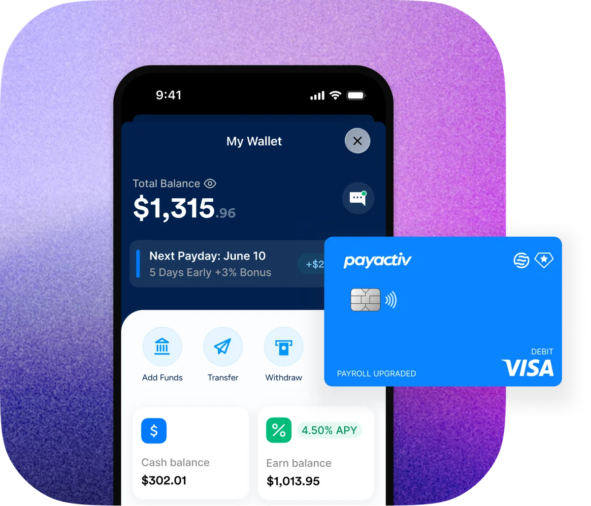 Payactiv wallet app with the Payactiv Visa debit card